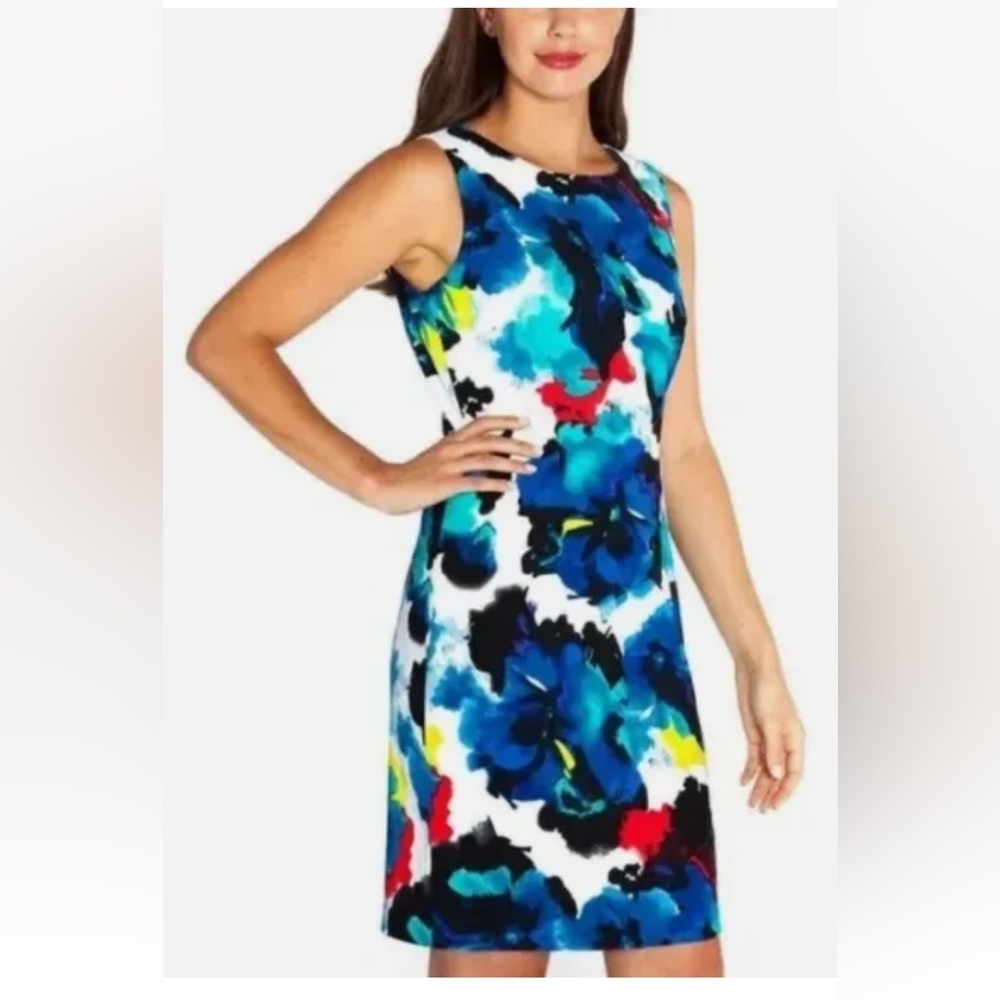 Mario Serrani Italy Blue Floral Watercolor Artsy Sleeveless Sheath Dress Size 2